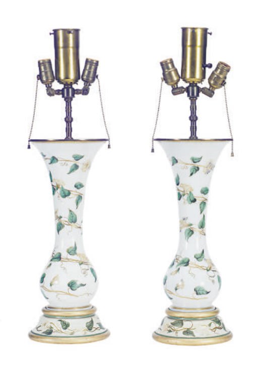 A PAIR OF POLYCHROME PAINTED AND PARCEL-GILT GLASS TABLE LAMPS,