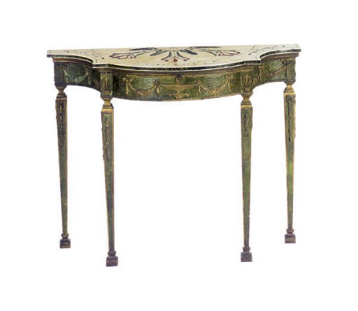 A GREEN-PAINTED AND PARCEL-GILT SCAGLIOLI MARBLE TOP CONSOLE TABLE,