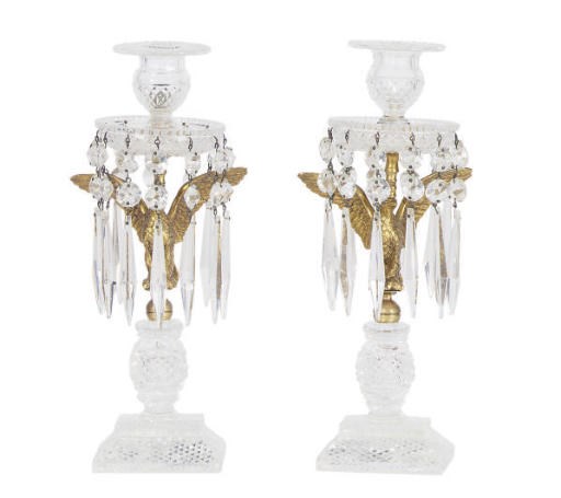 A PAIR OF ENGLISH GILT-BRASS AND CUT-GLASS CANDLESTICKS,