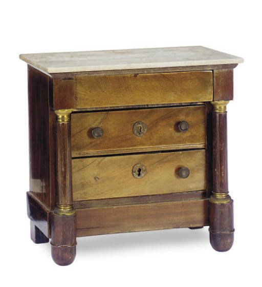 A FRENCH GILT-METAL MOUNTED WALNUT MARBLE TOP MINIATURE COMMODE,