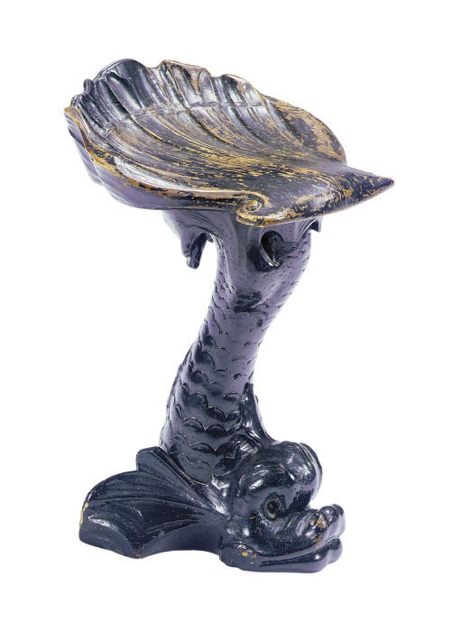 AN EBONIZED DOLPHIN AND SHELL FORM STOOL,