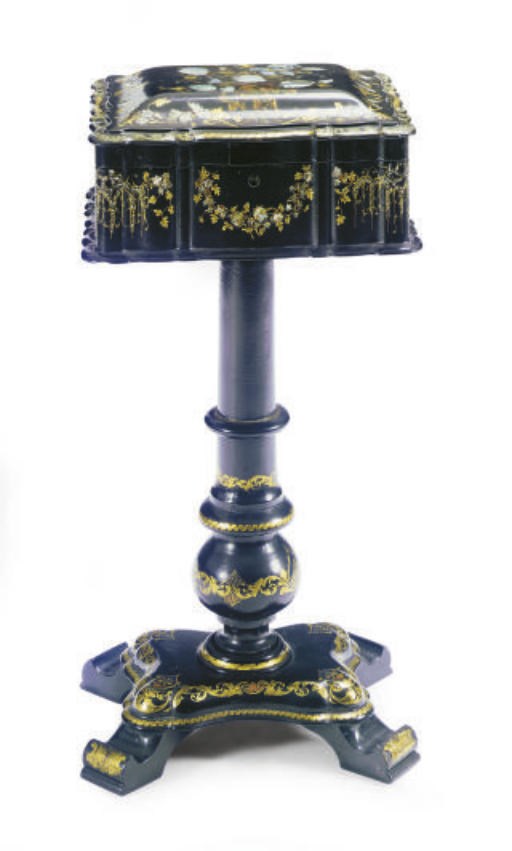 AN ENGLISH PAPIER MACHE AND MOTHER-OF-PEARL TEA POY,