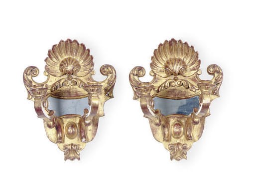 A PAIR OF ITALIAN GILTWOOD TWO-LIGHT GIRANDOLE MIRRORS,