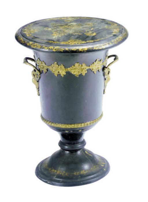 A VICTORIAN BLACK AND GILT TOLE PEINTE COVERED URN,
