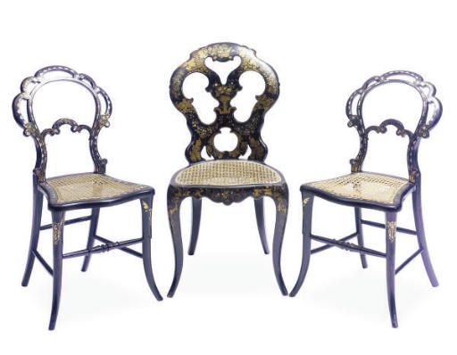 A VICTORIAN PAPIER MACHE AND CANED SIDE CHAIR,