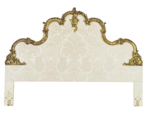 A GILTWOOD CREAM SILK DAMASK UPHOLSTERED HEADBOARD,