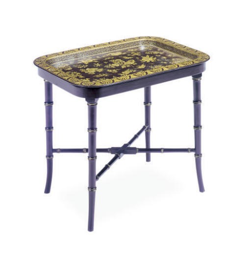 A SCARLET AND GILT-DECORATED PAPIER MACHE TRAY-ON-STAND,