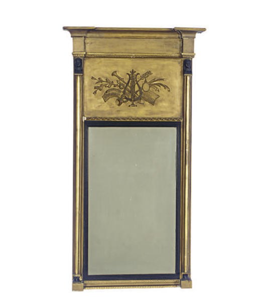 A GILTWOOD AND PART-EBONISED ENTABLATURE MIRROR,