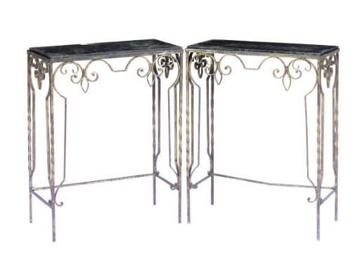 A PAIR OF WROUGHT IRON SIDE TABLES WITH FAUX MARBLE SLATE TOPS,