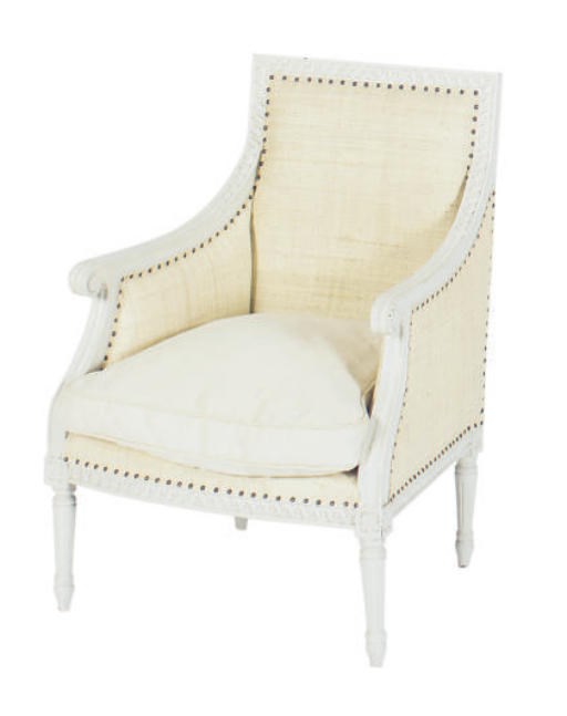 A WHITE PAINTED AND RAFFIA UPHOLSTERED BERGERE,