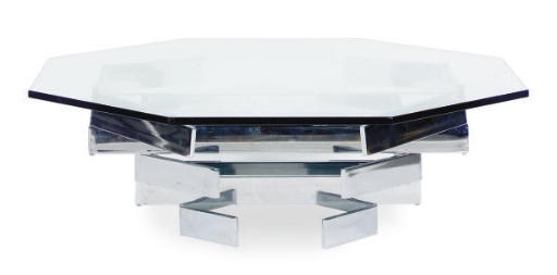A CHROMED-METAL AND OCTAGONAL GLASS TOP LOW TABLE,