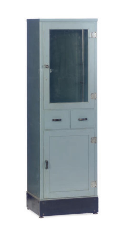A BLUE PAINTED METAL MEDICINE CABINET,