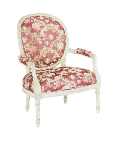 A CREAM-PAINTED AND SCARLET FLORAL DAMASK UPHOLSTERED FAUTEUIL,