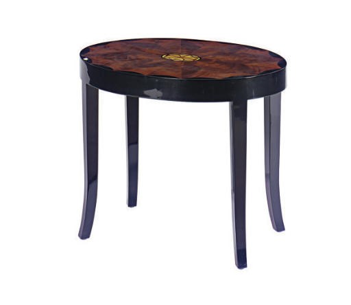 A MAHOGANY, BLONDE MAHOGANY, AND BLACK LACQUERED OVAL SIDE TABLE,