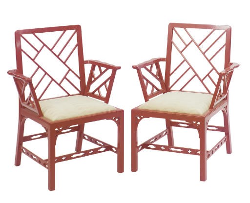 A SET OF SIX RED LACQUER ARMCHAIRS,