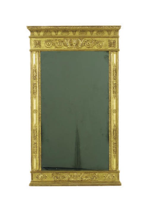 A LARGE STENCILED AND GILT-COMPOSITION MIRROR,