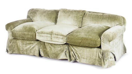 A GREEN CRUSHED VELVET UPHOLSTERED THREE-SEAT SOFA,