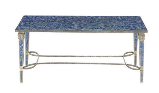 A SILVERED-METAL AND SIMULATED LAPIS LAZULI COFFEE TABLE,