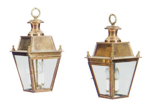 A SET OF SIX BRASS AND COPPER HANGING LANTERNS,
