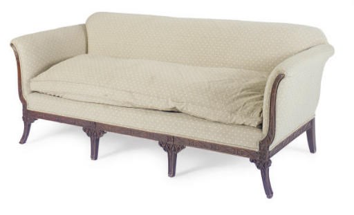A STAINED-WOOD AND UPHOLSTERED SOFA,