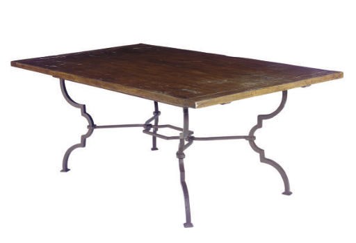 A FRUITWOOD AND STEEL DRAW-LEAF DINING TABLE,