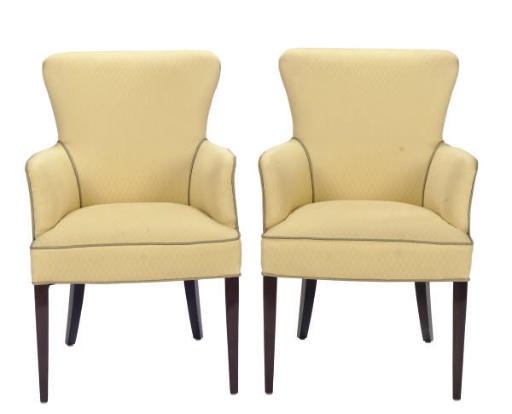 A PAIR OF STAINED WOOD AND UPHOLSTERED ARMCHAIRS,