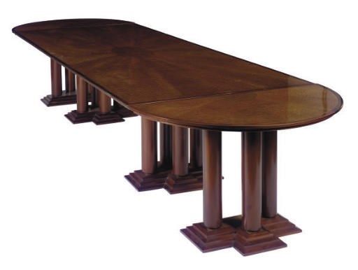 A LARGE MAHOGANY AND BURLWOOD FOUR-PEDESTAL DINING TABLE,