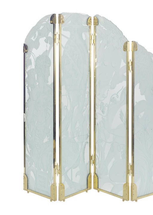 A BRASS MOUNTED ETCHED GLASS FOUR PANEL SCREEN,