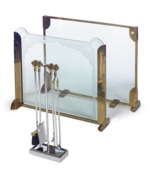 A BRASS AND ACID-ETCHED GLASS FIRESCREEN,