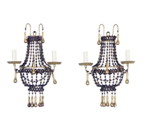 A PAIR OF GILT-METAL AND WOOD TWO-BRANCH WALL LIGHTS,