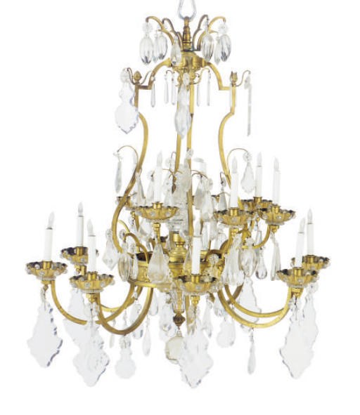 A GILT-METAL AND CUT-GLASS CHANDELIER,