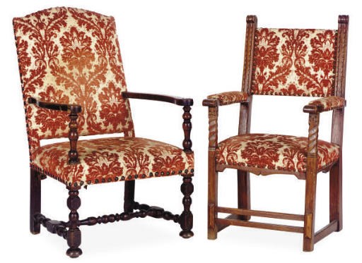 A FRENCH WALNUT AND VELVET-UPHOLSTERED ARMCHAIR,