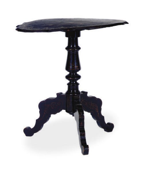A VICTORIAN PAPIER MACHE AND MOTHER-OF-PEARL TILT-TOP TRIPOD TABLE,