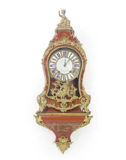A LOUIS XV SCARLET JAPANNED AND GILT-BRONZE MOUNTED CARTEL CLOCK,
