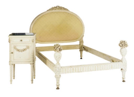 A PAIR OF CARVED AND PAINTED TWIN BEDS AND BEDSIDE TABLES,