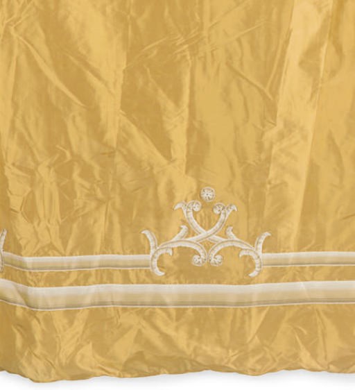 A SET OF FIVE ORANGE SILK CURTAINS,