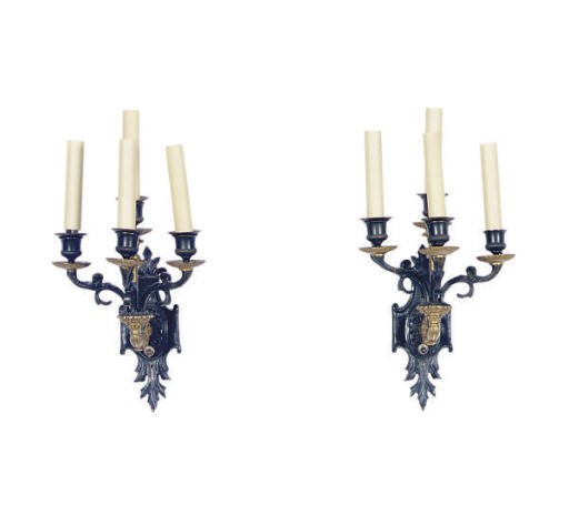 A PAIR OF PATINATED AND GILT-METAL FOUR BRANCH WALL-LIGHTS,