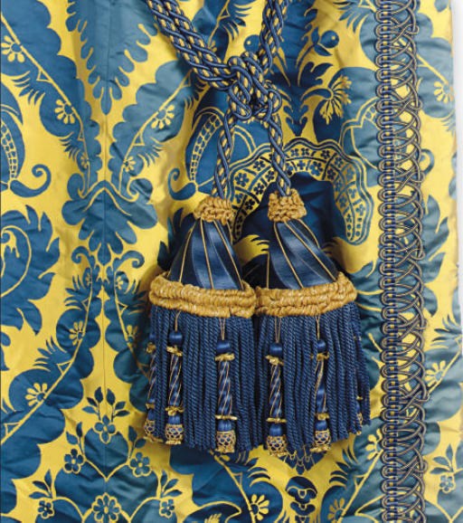A SELECTION OF ROYAL BLUE AND GOLD SILK DAMASK CURTAINS,