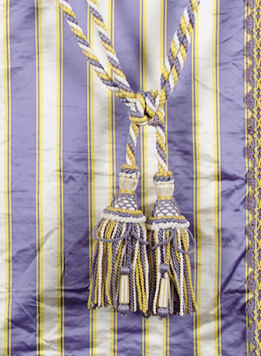 A SELECTION OF PURPLE AND YELLOW STRIPED SILK CURTAINS,