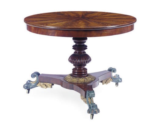 AN AMERICAN CLASSICAL MAHOGANY, PAINTED AND PARCEL-GILT CENTER TABLE,