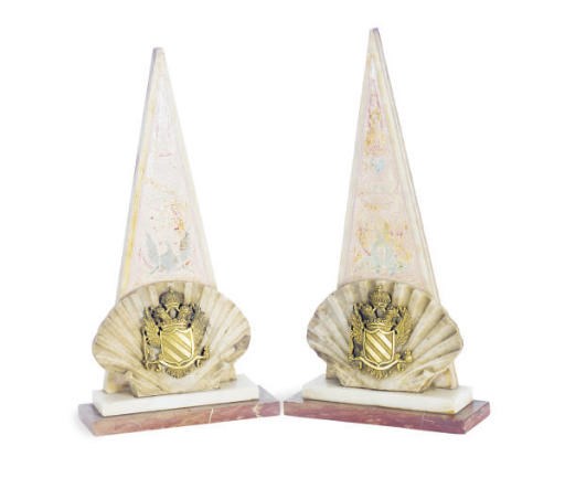 A PAIR OF CONTINENTAL GILT-METAL-MOUNTED MARBLE AND POLYCRHOME DECORATED PLASTER TABLE ORNAMENTS,