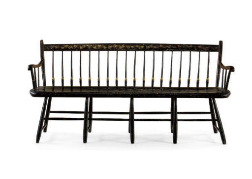 A BLACK-PAINTED AND GILT-STENCILED WINDSOR SETTEE