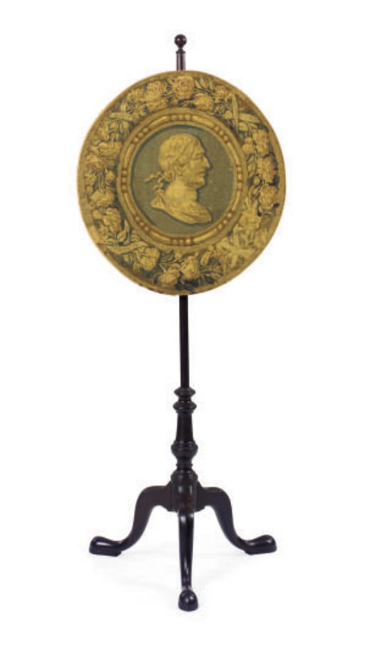 A GEORGE III MAHOGANY FIRESCREEN WITH AUBUSSON TAPESTRY PORTRAIT,