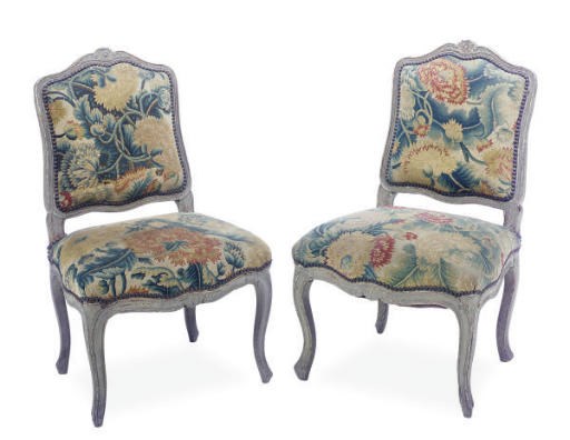 A SET OF FOUR LOUIS XV GRAY-PAINTED AND VERDURE-TAPESTRY COVERED CHAISES,