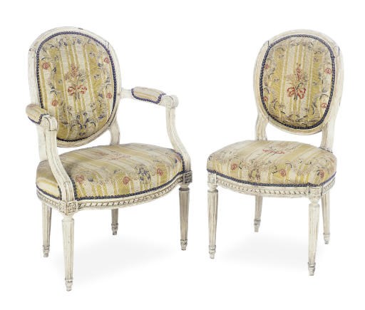 A SET OF FOUR LOUIS XVI CREAM-PAINTED AND GROS-POINT COVERED CHAISES AND FAUTEUILS,