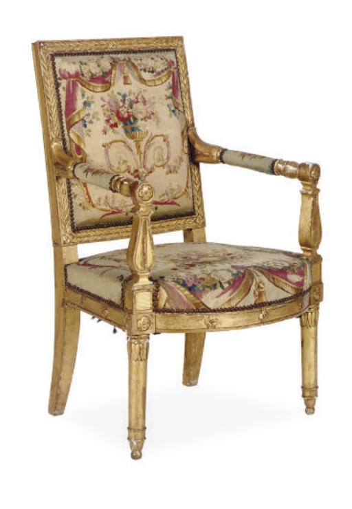 A FRENCH GILTWOOD AND TAPESTRY-UPHOLSTERED FAUTEUIL,