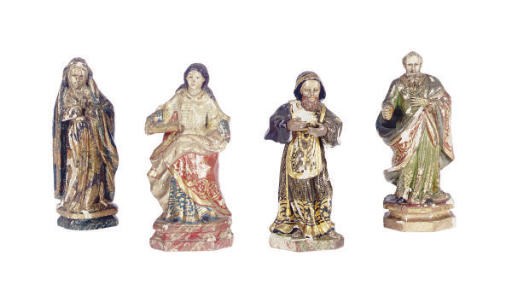 A GROUP OF THREE POLYCHROME-PAINTED FIGURES OF SAINTS AND THE VIRGIN MARY,