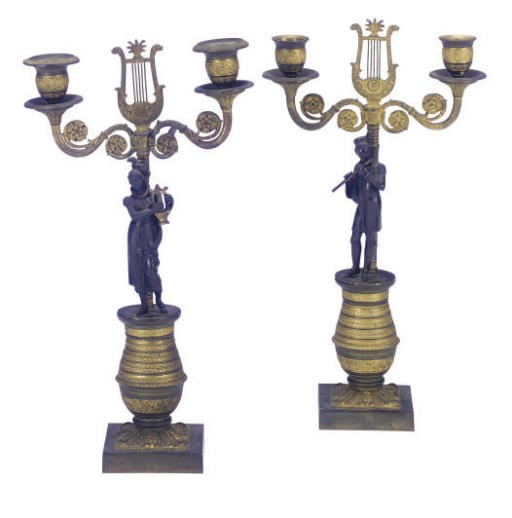 A PAIR OF FRENCH PATINATED AND GILT-METAL FIGURAL TWO-LIGHT CANDELABRA,