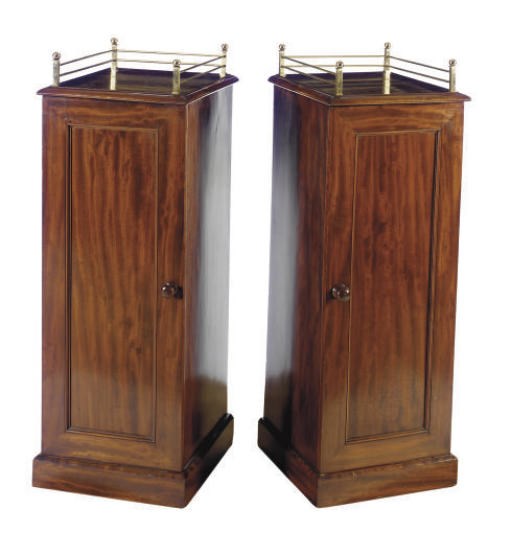 A PAIR OF MAHOGANY PEDESTAL SIDE CABINETS WITH A BRASS THREE-QUARTER GALLERYS,