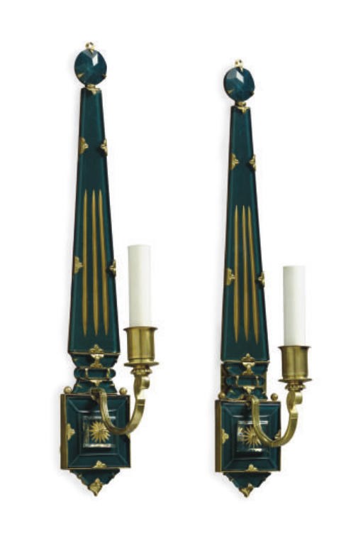 A PAIR OF FRENCH BLUE GLASS AND BRASS TWO-BRANCH WALL LIGHTS